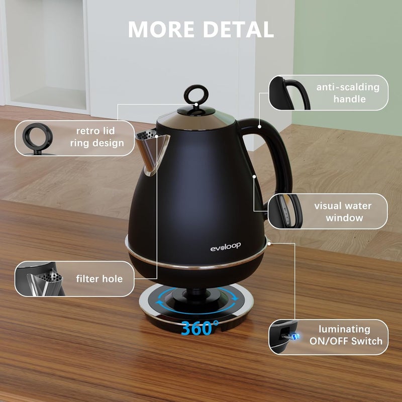 evoloop 1.7L Electric Kettles, BPA Free Tea Kettle, Hot Water Boiler Heater, Stainless Steel Teapot, Auto Shut-Off & Boil-Dry Protection, 120V/1500W (Black) - Image 4